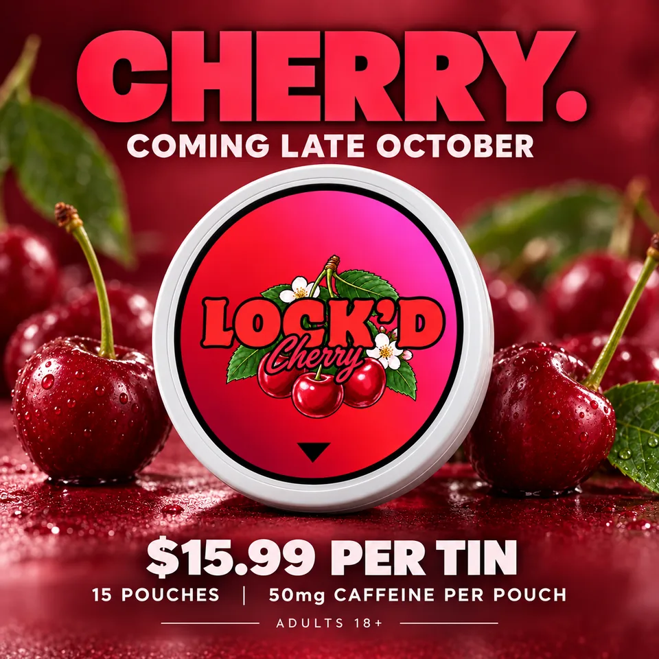 LOCK'D Cherry caffeine pouch tin with cherries