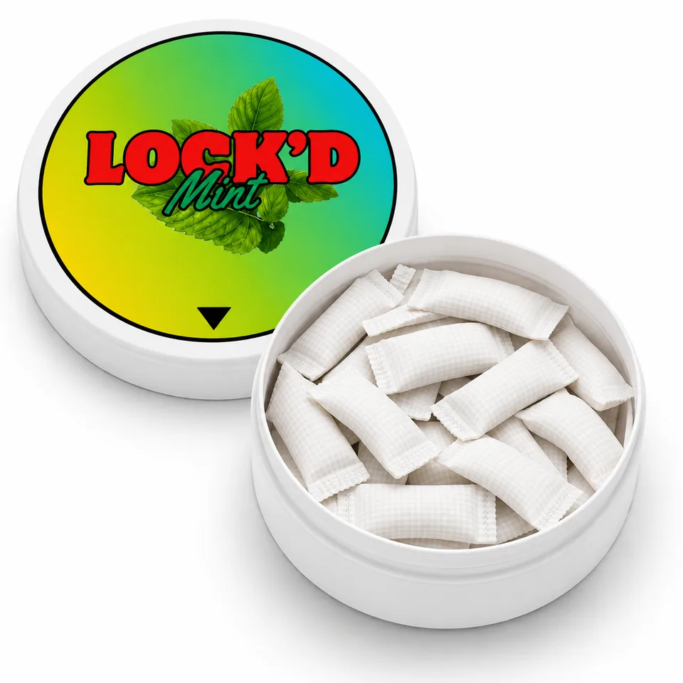 LOCK'D Mint tin open, showing fifteen white pouches inside